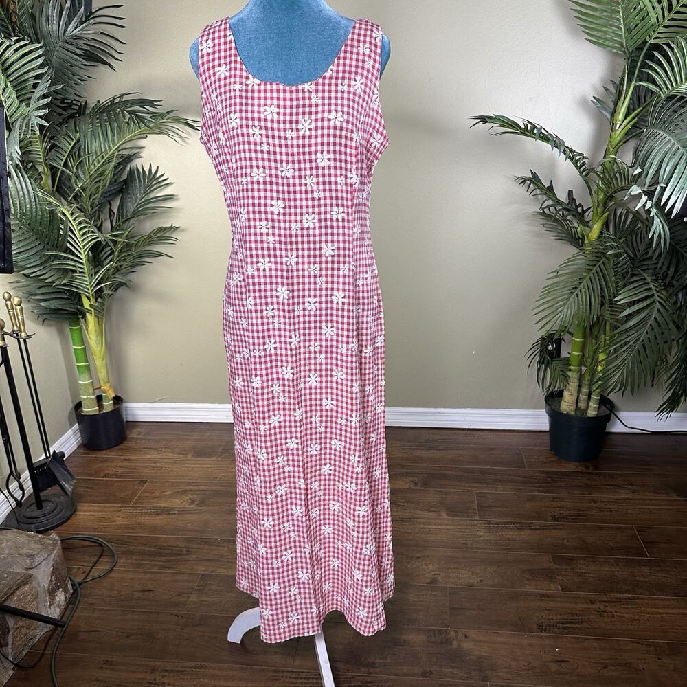 EXPO Vintage Dress Women 14 Pink Gingham flower overlay Cottage Core zip stretch